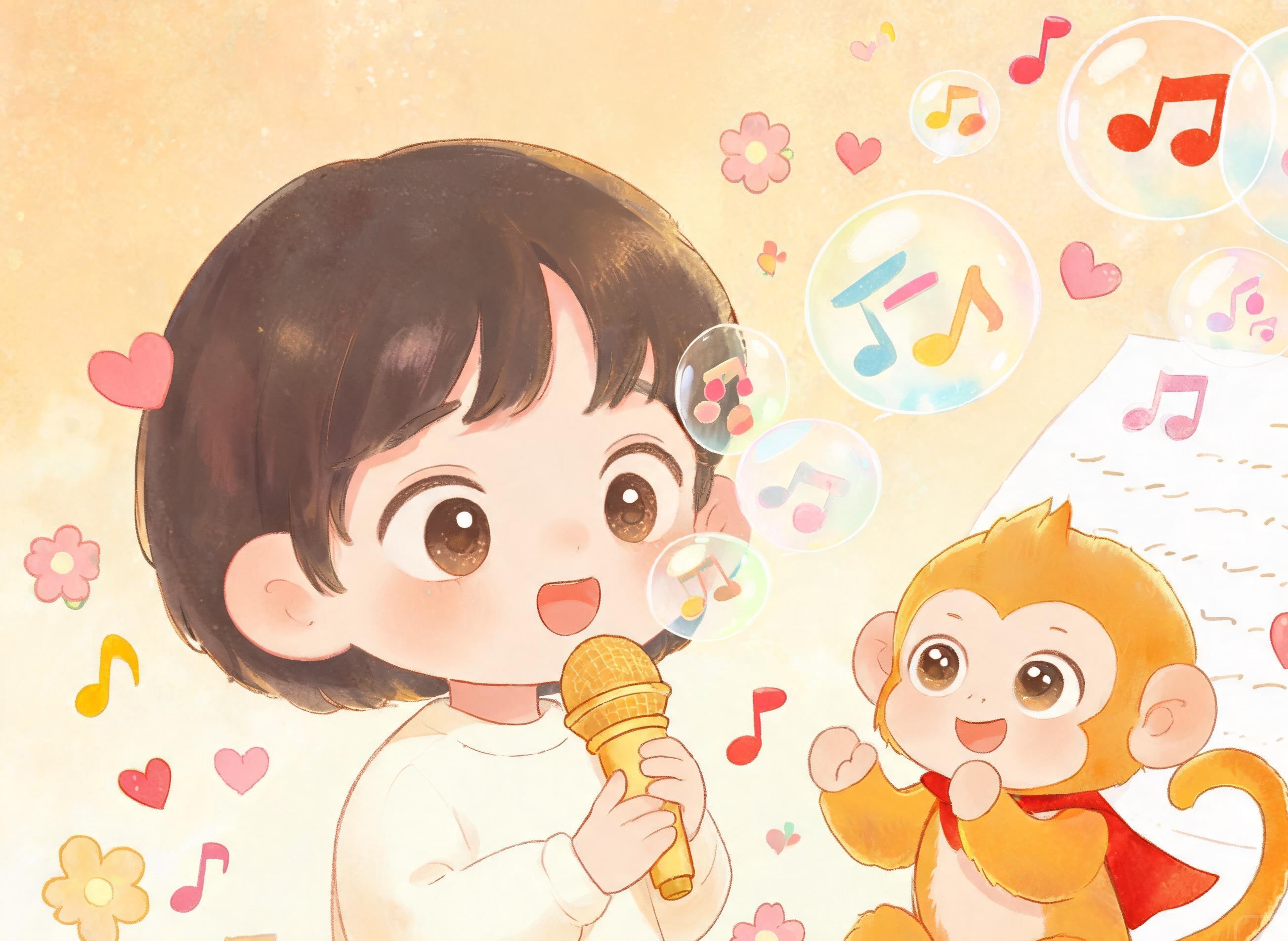 小孩对金色话筒欢快说话,话音化作文本泡泡落到纸面,小猴拍手叫好